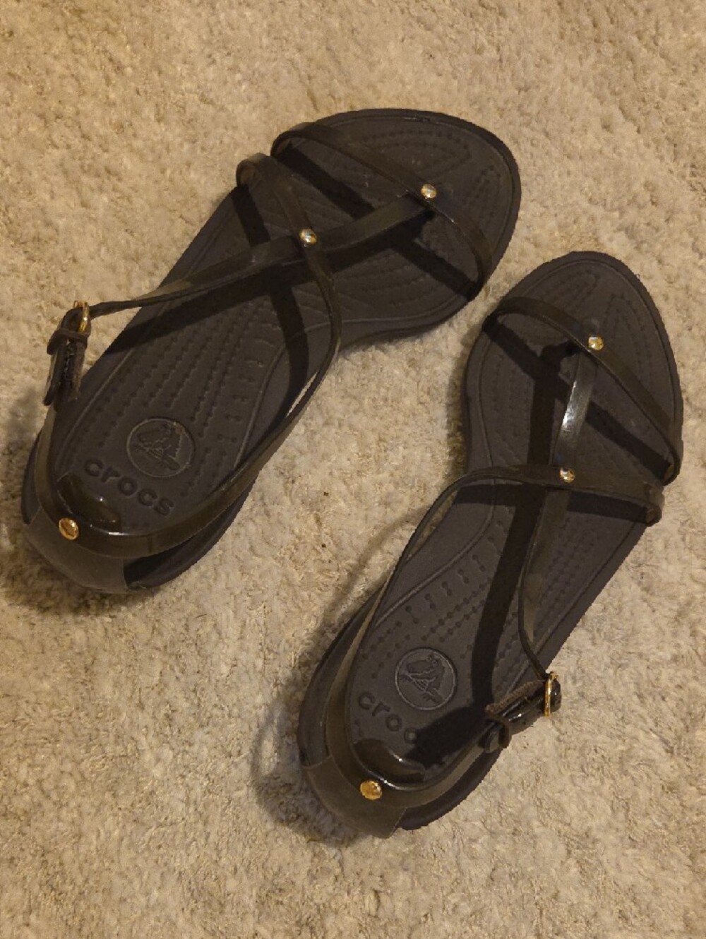 CROCS Black Strappy Slingback Sandals with Gold Studs - Picture 3 of 7